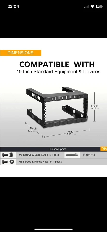 RIVECO 4U 19" Wall Mount Network Rack – 17.7" Deep 2 Post Open Frame Cabin - Image 1 of 4