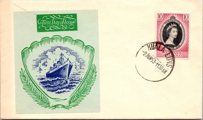 1953 Kuala Lipis Malaya Reina Isabel 2 Coronación IED Primer Día Edición Cubierta Foto 1 de 2