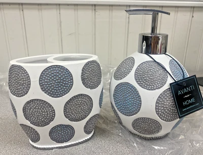 Avanti Home Bathroom Set Toothbrush Holder & Lotion Dispenser Dotted Circles NEW - Image 1 of 4