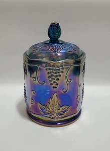 Vintage Indiana Glas, blau Karneval Keksdose mit Deckel, Ernte Traubenmuster - Bild 1 von 12