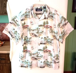 VTG NEWPORT BLUE CHEVROLET CORVETTE CAR PALM TREE HAWAIIAN SHIRT BIG MEN'S 2XL - Picture 1 of 5