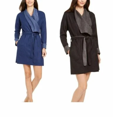 NUEVO CON ETIQUETAS Alfani Para Mujer Talla S/L/XL/XXL Carbón/Azul Marino Súper Suave Polar Envolvente Bata Corta Foto 1 de 4