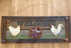 "Letrero de bienvenida rústico de pollo y gallo, hecho a mano y pintado, 20"" x 8" - Imagen 1 de 4
