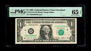 Special Serial number (D33330333E) 1985 $1 Federal Reserve Note PMG Gem Unc 65 E - Picture 1 of 2