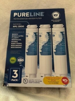 3 PK Pureline PL-2500 Bosch Haier 644845 006218743 Refrigerator Water Filter - Image 1 of 4
