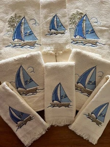 NWT! AVANTI “Sailboat” 8-Pc Luxury Towel SET~Ivory w/Blue Sailboats Nautical Sea - Picture 1 of 14