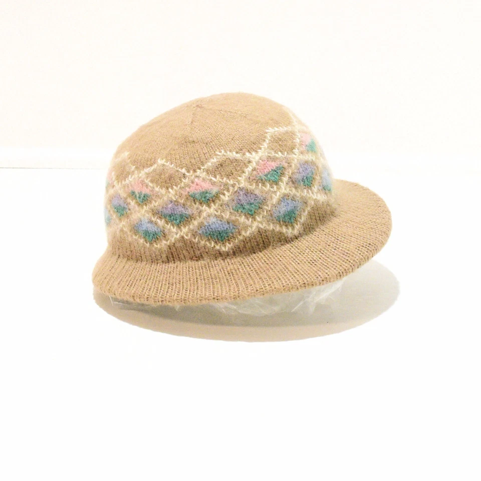 70s Vintage Hansen Tan Wool Knit Bowler Hat Geometric Pastel Argyle Womens M - Image 1 of 4