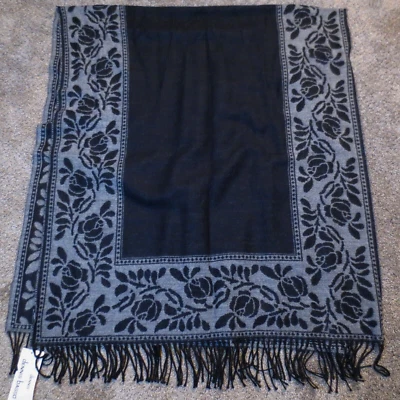 Dennis Basso Reversible Scarf NWT Made in Italy 100% Acrylic Floral Gray/Black - Image 1 of 4