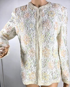 80s Vintage Stunning White Sequins & Pearl Lace Jacket Kazar Paris-New York M - Picture 1 of 12