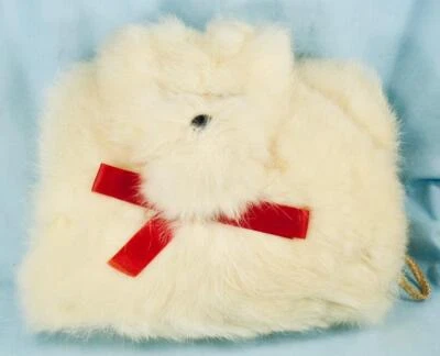 Childs Rabbit Fur Muff Puppy 狗头红色丝带颈绳 OB 1950 年代复古 — 第 1/4 张图片