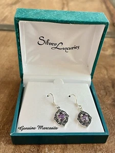 NEW Genuine Marcasite earings - silver plated, purple stone (classy, quality) - Picture 1 of 4