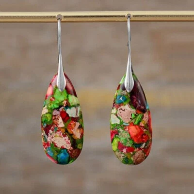 Natural Imperial Jasper Stone Teardrop Dangle Earrings Gemstone Drop Earrings - Image 1 of 4