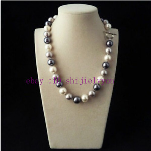 22 Inch Rare Huge 12mm Real Black White Gray Mix South Sea Shell Pearl Necklaces