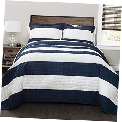  New Berlin Quilt Striped Pattern 2 Piece Bedding Set Twin Navy & White - Image 1 of 4