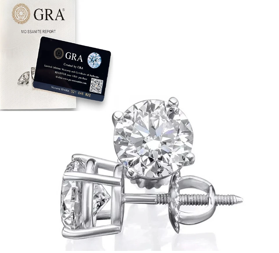 Moissanite Screw Back 925 Solitaire Stud Earrings GRA Certified D/VVS1 - Image 1 of 4
