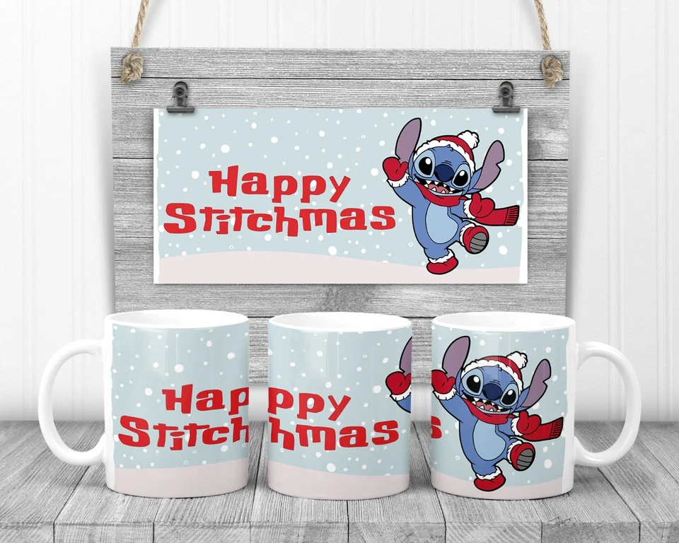 Happy Stitchmas, Stitch Playing In The Snow Mug, 11oz Ceramic Cup, Movie Gift, - Image 1 of 1