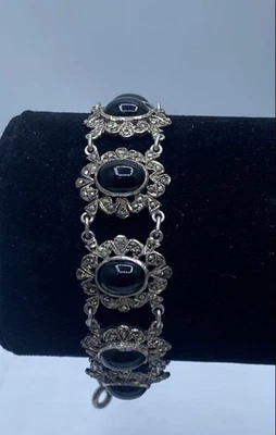 Sterling Silver Onyx Marcasite Open Work Link Vintage Bracelet 23.6g - Image 1 of 4