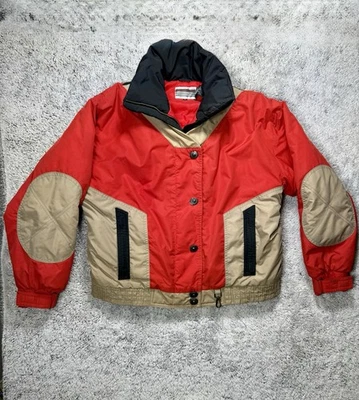 Vintage 80s 90s Sportime Colorblock Ski Puffer Jacket Red Tan Large Retro  - Image 1 of 4