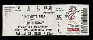 Cincinnati Red VS Atlanta Braves Un-Used Ticket Stub July 31, 2010 - Picture 1 of 2
