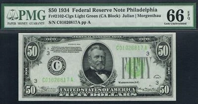 $50 1934 Philadelphia  FRN. Fr. 2102-Clgs. LIGHT GREEN SEAL. LGS. PMG 66 EPQ - Image 1 of 3