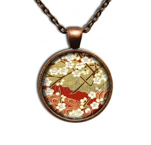 Cherry Blossom Washi Japanese Design - Handmade ROUND Glass Pendant Necklace - Picture 1 of 10