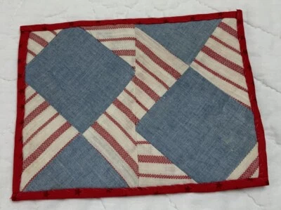 Antique Vintage Patchwork Quilt Table Topper, Squares & Triangles, Blue, Red - Image 1 of 4