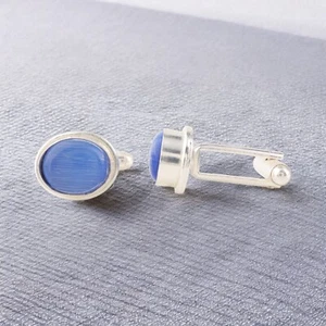 Dark Blue Cat's Eye Gemstone 925 Sterling Silver Jewelry Handmade Men Cufflinks - Picture 1 of 4