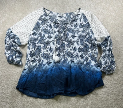 Cato 18/20W White Blue Paisley Tunic Crochet Sleeves Boho Hippie Coastal Granny - Image 1 of 4