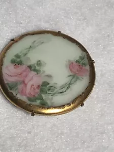 BROCHE DE PIN ANTIGUO EDUARDIANO PINTADO A MANO FLORES DE PORCELANA PÚRPURA VIOLETAS - Imagen 1 de 4