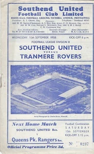 SOUTHEND UNITED V TRANMERE ROVERS ~ 10 DE SEPTIEMBRE DE 1958 ~ PROGRAMA DE TERCERA DIVISIÓN - Imagen 1 de 1