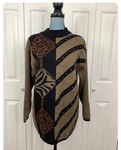 Angenie Vintage Wool Sweater Pullover Medium 8 Animal print boho studs brown - Picture 1 of 12