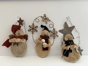 3 Rustic Handmade Paper Mache Snowman Ornaments Angel Snowflake Star Metal - Picture 1 of 19