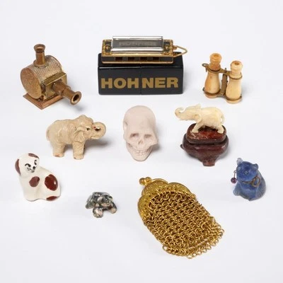 Miniature Staffordshire Dog Frog Fetish Harmonica Chatelaine Purse Charm 10p Lot - Изображение 1 из 4