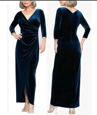 Maxi vestido de terciopelo azul manga 3/4 Alex Evenings para mujer talla 16 Foto 1 de 4