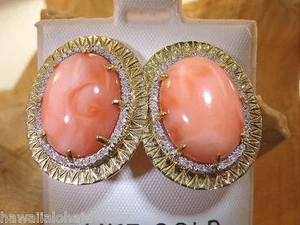14K YELLOW GOLD 13.74CTS PACIFIC PINK CORAL 0.16CTS DIAMOND FRENCH CLIP EARRINGS - Picture 1 of 6