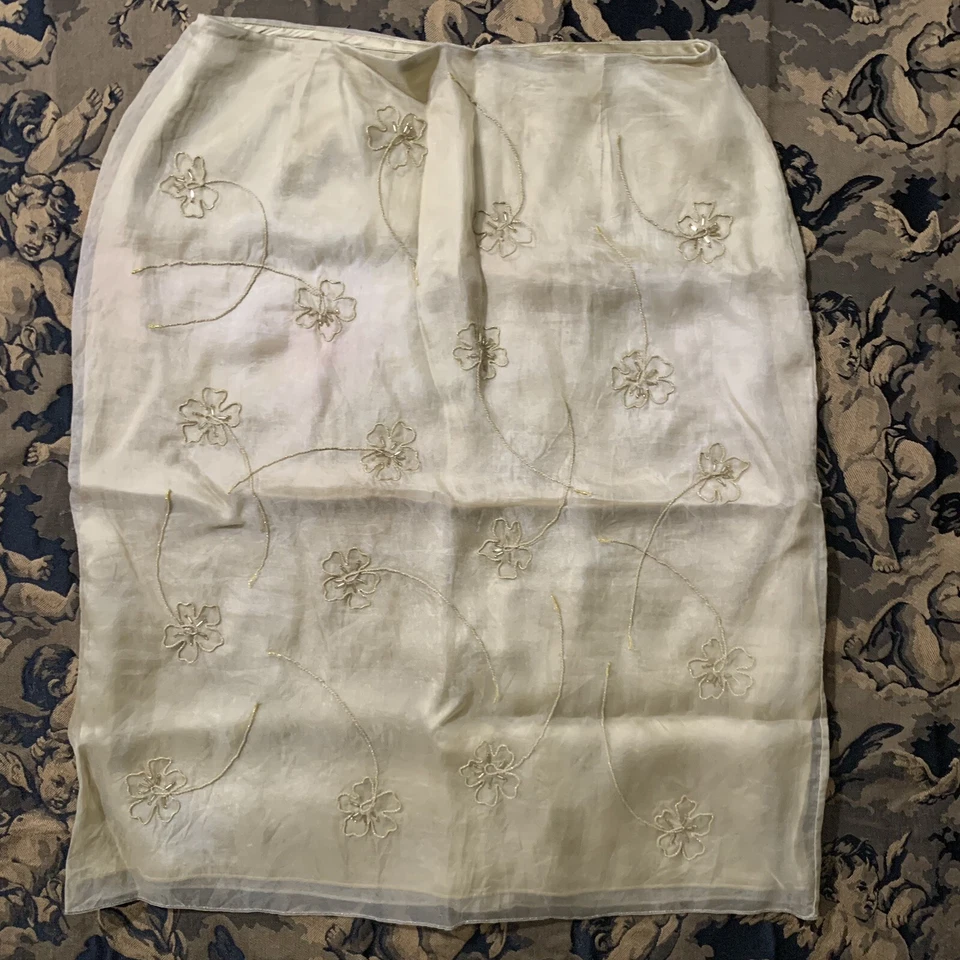 Falda recta vintage informal esquina dorada seda apliques florales cuentas talla 6 Foto 1 de 4