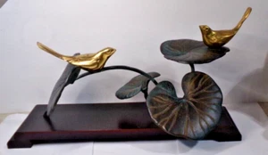 GATCO Korea Sculpture - Brass LOVE BIRDS on Lily Pads Wood 18" long x 10" tall - Picture 1 of 15