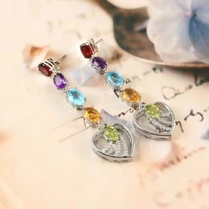 Peridot Citrine Blue Topaz Amethyst Garnet Multi Stone Silver Earring Heart Drop - Picture 1 of 8