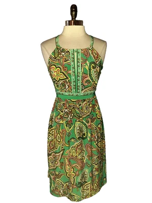 Vestido INC International Concepts Talla L Línea A Verde Naranja Paisley Brillos Foto 1 de 4