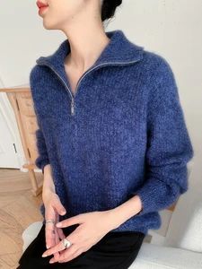 Zipper Women's 100% Wool Long-sleeved Fashion Sweater Knitted Cashmere Pullover - Picture 1 of 11