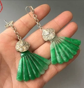 Antique Collection Ancient Jade Ming Qing Dynasty Jadeite Tibetan Silver Earring - Picture 1 of 7