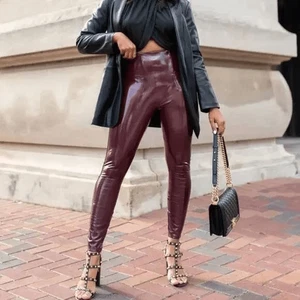 Spanx Lack Kunstleder Leggings Damen M Petite Hose Rubin Burgund Glanz - Bild 1 von 5