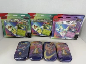 Pokemon Prismatic Evolutions Tech Sticker Sammlung 4er Set mit 4 Kanto Tins - Bild 1 von 14