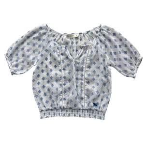 Abercrombie Kids Girls S White Blue Geometric Floral Sheer Crop Short Sleeve Top - Picture 1 of 16