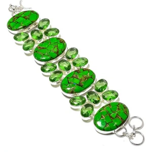Copper Green Turquoise, Peridot Gemstone 925 Sterling Silver Bracelet 7-8" j164 - Picture 1 of 4