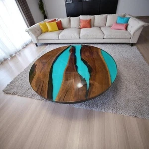 24" Clear Blue Epoxy Resin Wood Coffee & Tea Table Top Living Room Furniture Dec - Picture 1 of 9
