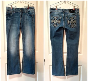 MISS ME Women’s Blue Boot Cut Jeans Embellished Crosses Rhinestones - Size 29 - Picture 1 of 8