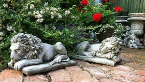 (PAR) DE LEONES DE JARDÍN DE HORMIGÓN DETALLADOS, POSTE DE PUERTA DE PILAR, ADORNOS DE JARDÍN - Imagen 1 de 9