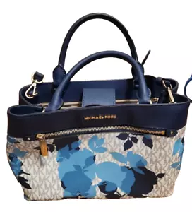 Michael Kors Bag Satchel Mercer Floral Tote Patchwork Accordion Blue Leather - Picture 1 of 3