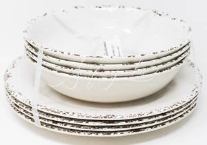 Tommy Bahama Melamine Dinner Plate and Bowl Set of 8 Rustic Crackle Cream Beige - Picture 1 of 5
